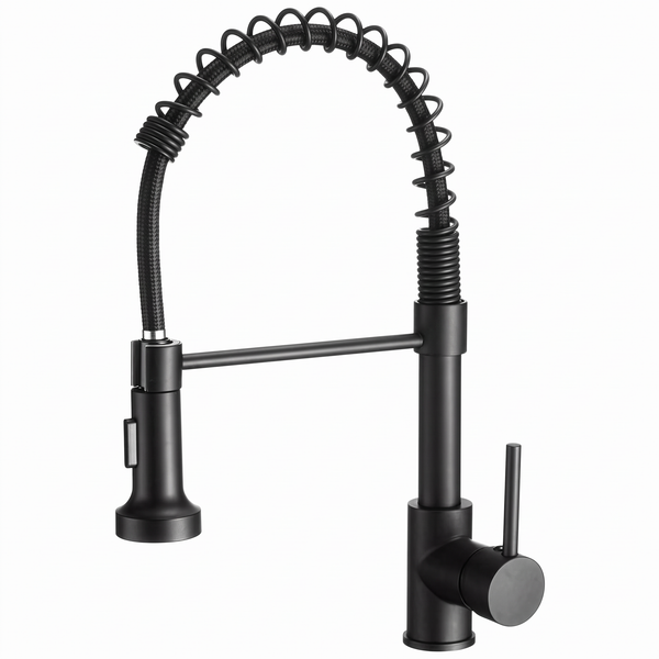 Baterie Chiuvetă Bucătărie Neagră cu Pipă Flexibilă cu Arc, Duș Extractibil 2 Funcții, Oțel Inoxidabil 201, 46 cm