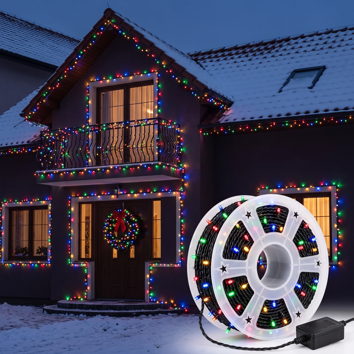 Instalație de Crăciun LED 100 m, 600 LED-uri Multicolore, 8 Jocuri de Lumini, pe Rolă, pentru Brad, Fațadă și Grădină