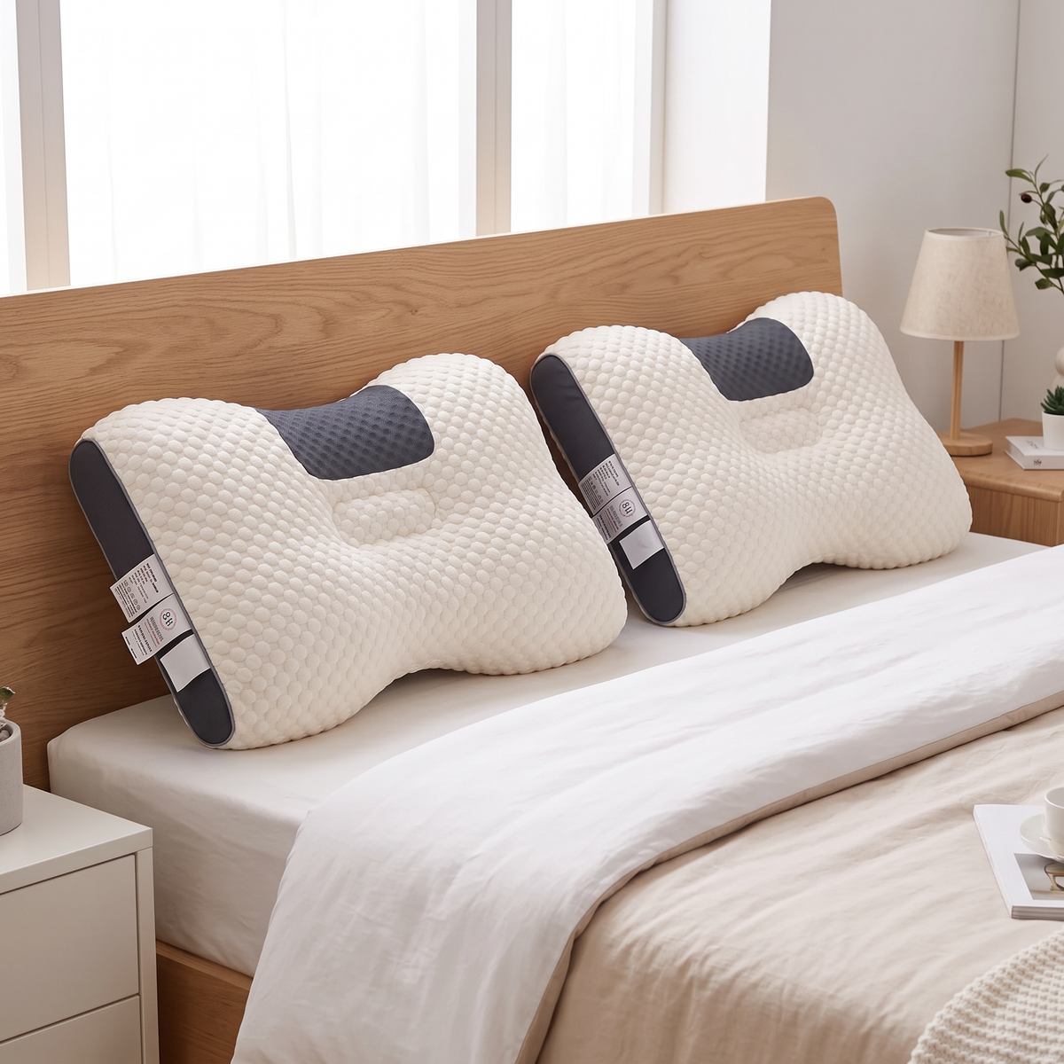 Set 2 Perne Cervicale Ergonomice cu Formă Anatomică, Husă Tricotată, 70 x 40 cm, pentru Somn pe Spate sau pe Lateral