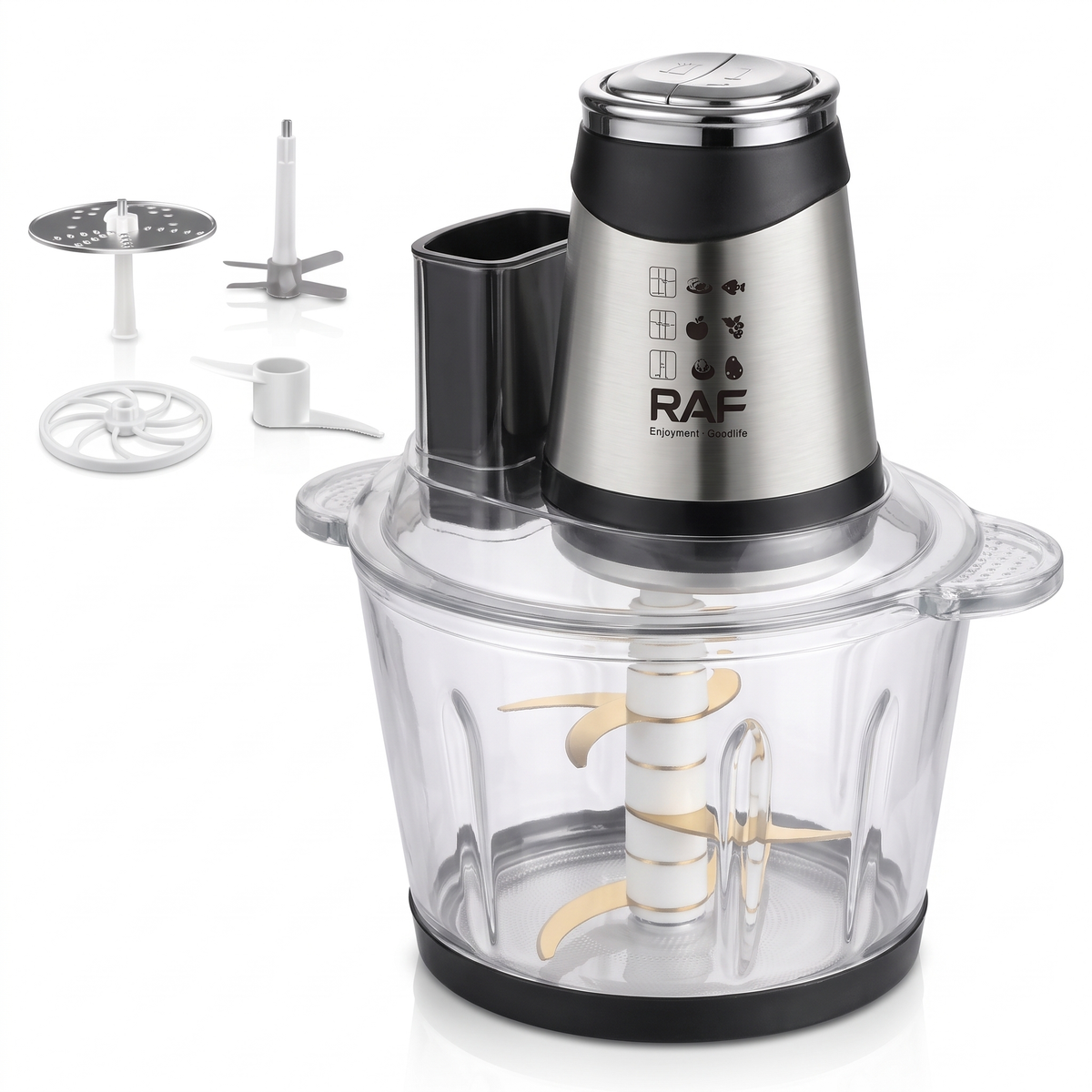 Tocător Electric RAF 3 L, 600W, 6 în 1 cu 4 Lame Inox, 2 Viteze și Disc de Feliere, pentru Tocat Carne, Legume, Fructe și Nuci