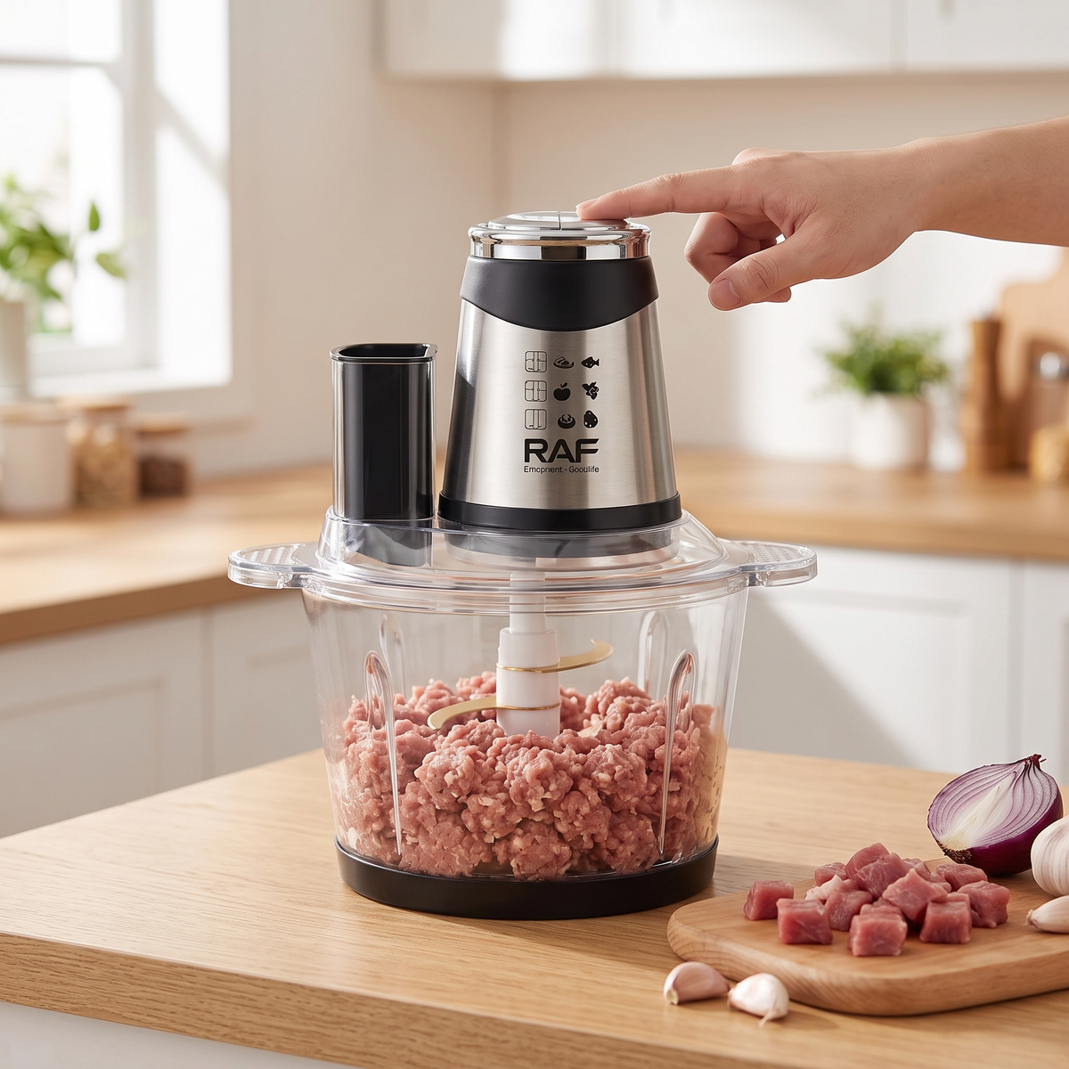 Tocător Electric RAF 3 L, 600W, 6 în 1 cu 4 Lame Inox, 2 Viteze și Disc de Feliere, pentru Tocat Carne, Legume, Fructe și Nuci