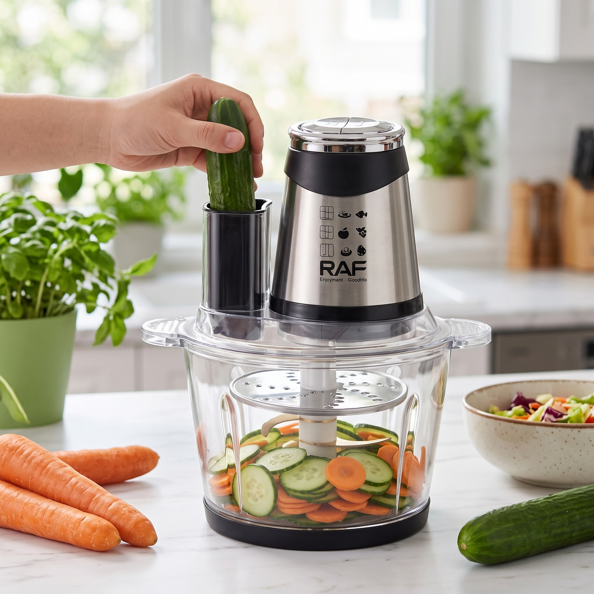 Tocător Electric RAF 3 L, 600W, 6 în 1 cu 4 Lame Inox, 2 Viteze și Disc de Feliere, pentru Tocat Carne, Legume, Fructe și Nuci