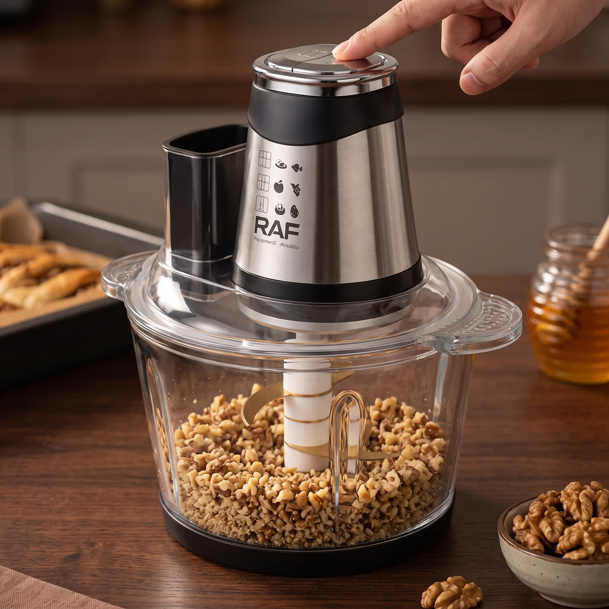 Tocător Electric RAF 3 L, 600W, 6 în 1 cu 4 Lame Inox, 2 Viteze și Disc de Feliere, pentru Tocat Carne, Legume, Fructe și Nuci