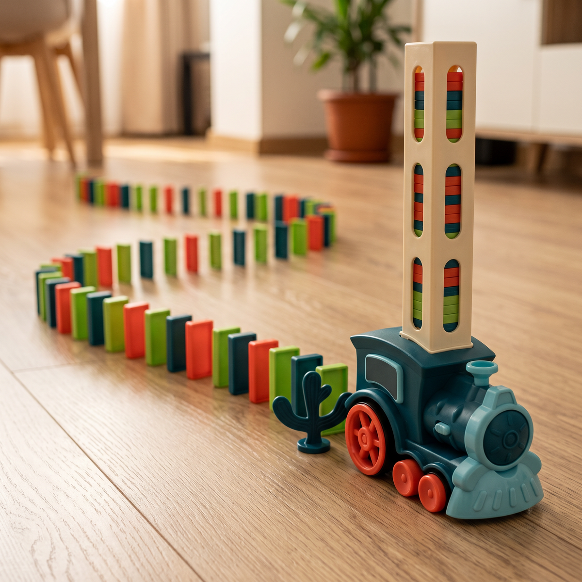 Joc Domino Train cu Trenuleț Automat și Piese Colorate, Jucărie Educativă pentru Creativitate și Logică, Copii 3+ Ani