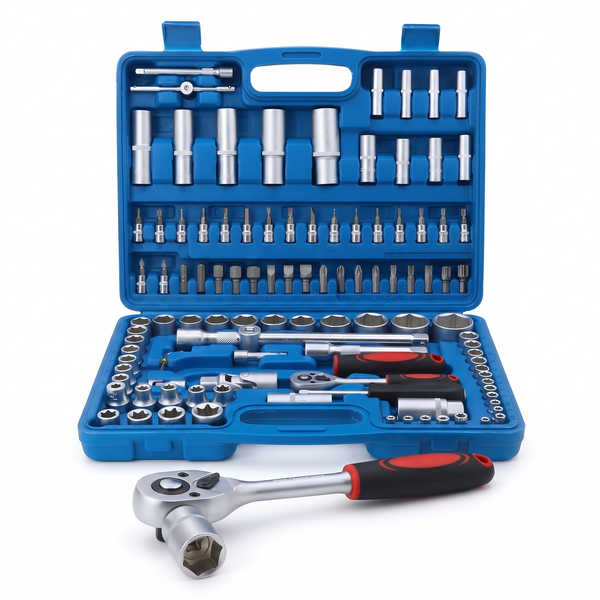 Trusă Profesională de Capete Tubulare 108 Piese din Crom Vanadiu, 1/2″ și 1/4″, cu Clichete, pentru Service Auto, Moto, Bicicletă și Vulcanizare