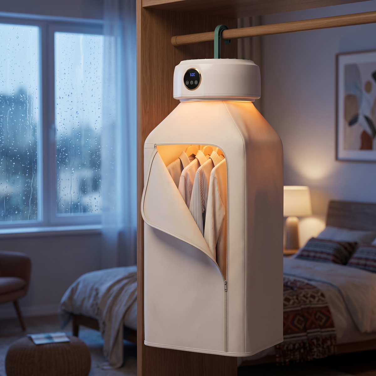 Uscător de Rufe Coshop Portabil și Pliabil, Aer Cald 360°, Capacitate 10 kg, Temporizator, Ecran Tactil, pentru Haine Uscate Rapid în Casă